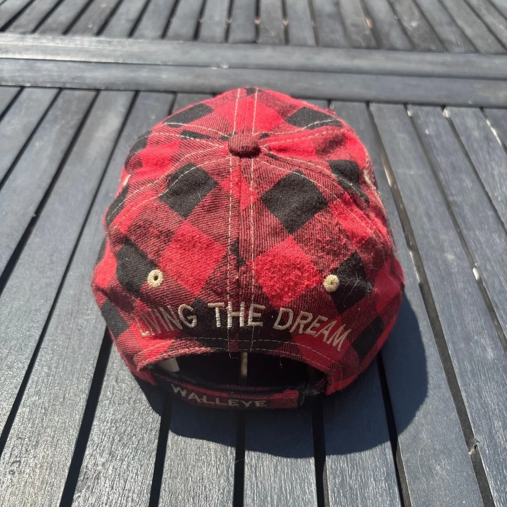 Eighteen 48 Fishing Hat Mens OSFM Red Buffalo Plaid Used Walleye Embroidery